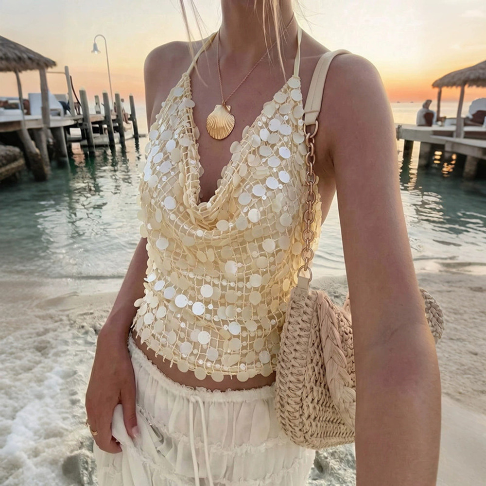Zara Fall Sequin Sleeveless Halter Backless Bodycon Tank Top
